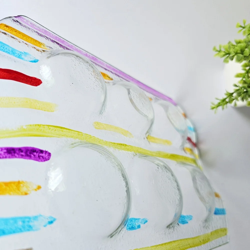 Striped Contemporary Style Fused Glass Candle Holder Tray Six Tea Light Candles